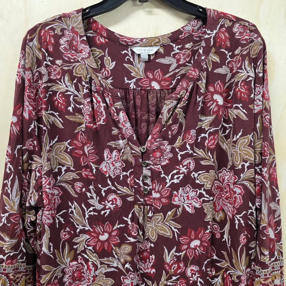 Lucky Brand Womens 3X Burgundy Floral Paisley 3/4 Sleeve Boho Tunic Blouse